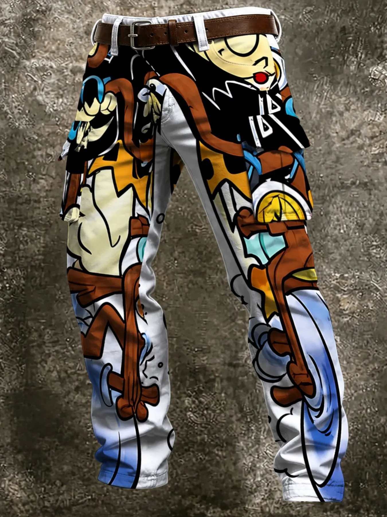 Vintage Cartoon Knight Workwear Pants, Large Capacity Side Pockets, Full-Length American Comic Motorcyclist Print, Retro Streetwear Long Pants