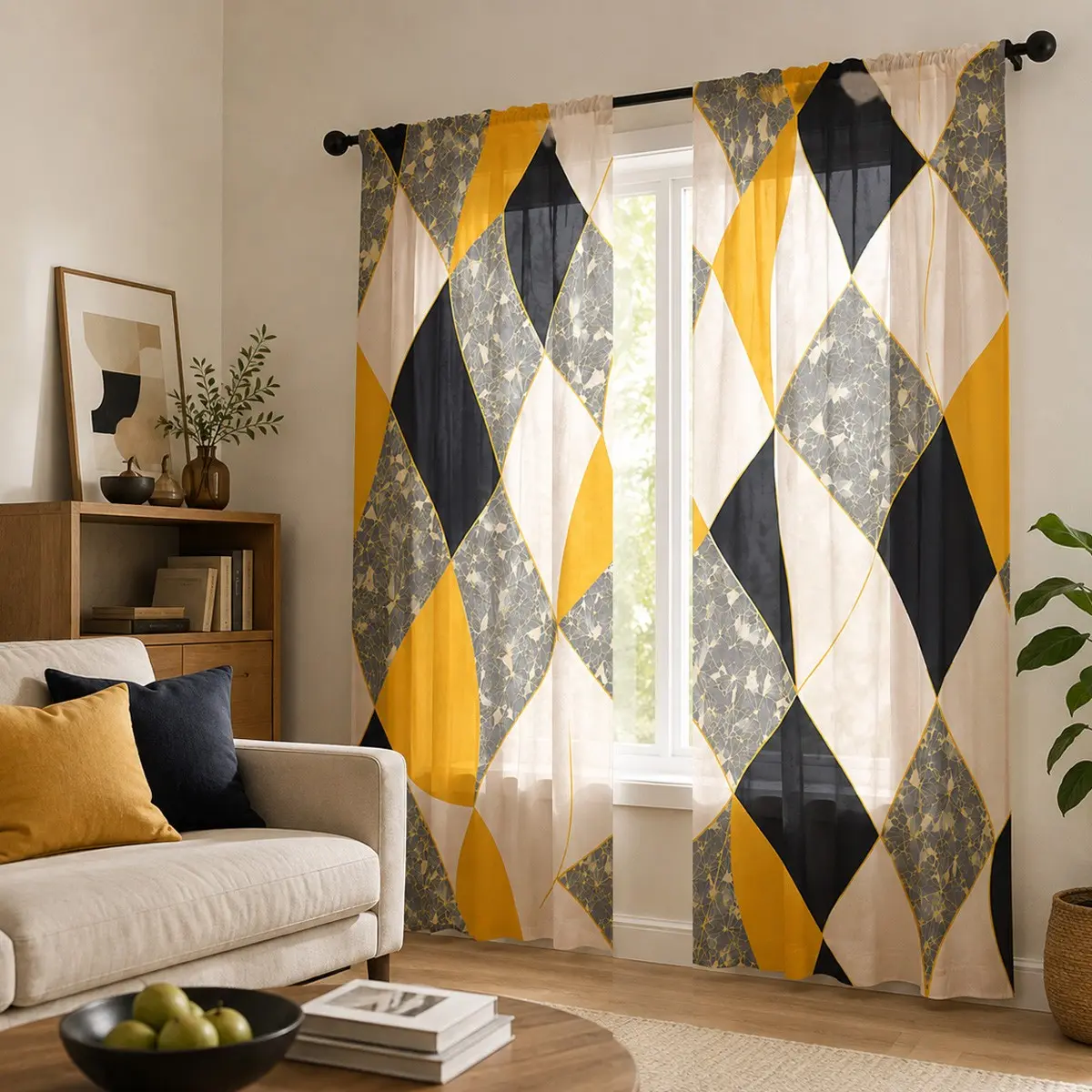 2pcs Modern, minimalist luxury semi-blackout curtains in yellow, black, and beige with a diamond geometric pattern. Pocket rod installation, made of polyester, suitable for bedrooms, kitchens, studies, etc.