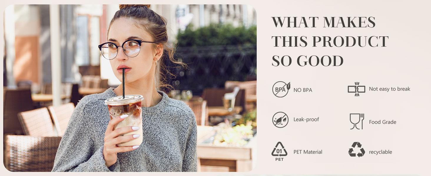 100 Set 16oz Plastic Cups with Lids and Straws, Disposable Black Clear Iced Coffee Cup with Lid, Round Bottom Plastic To Go Cups for Cold Drinks Slushie Smoothie Soda Bar Party Shop Supplies