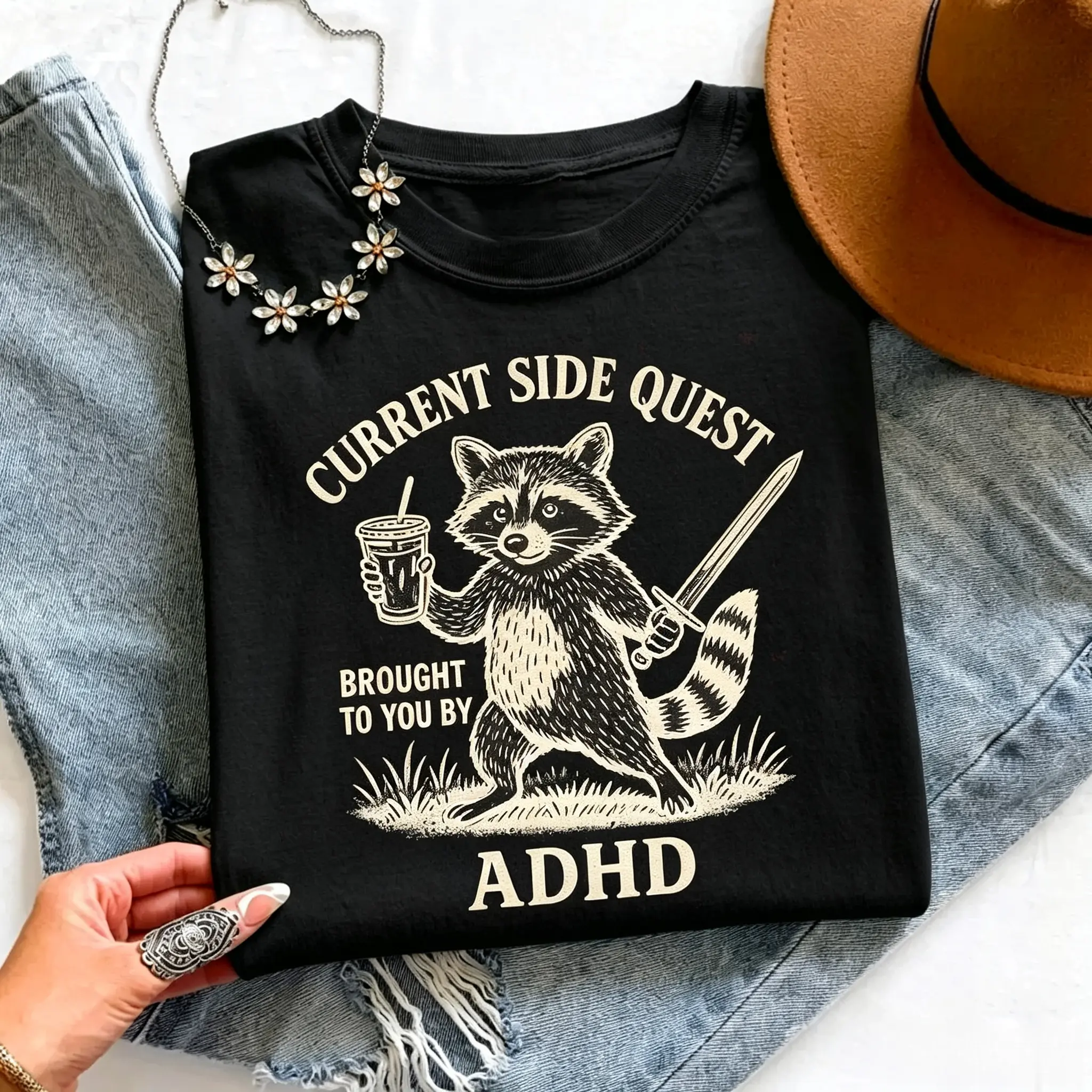 Current Side Quest ADHD Shirt |   Funny Raccoon Graphic Tee |   ADHD Brain Humor Shirt |   Casual Oversized T Shirt