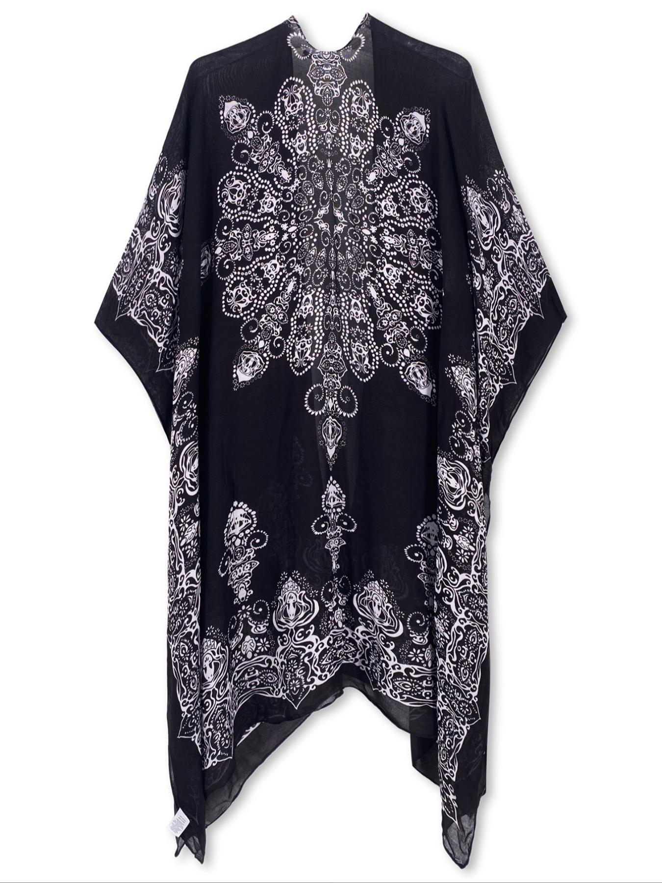 Women's Ethnic Pattern Batwing Sleeve Kimono, Womenswear Casual Three Quarter Length Sleeve Split Hem Kimono, Ladies Summer Swimwear for Beach Vacation