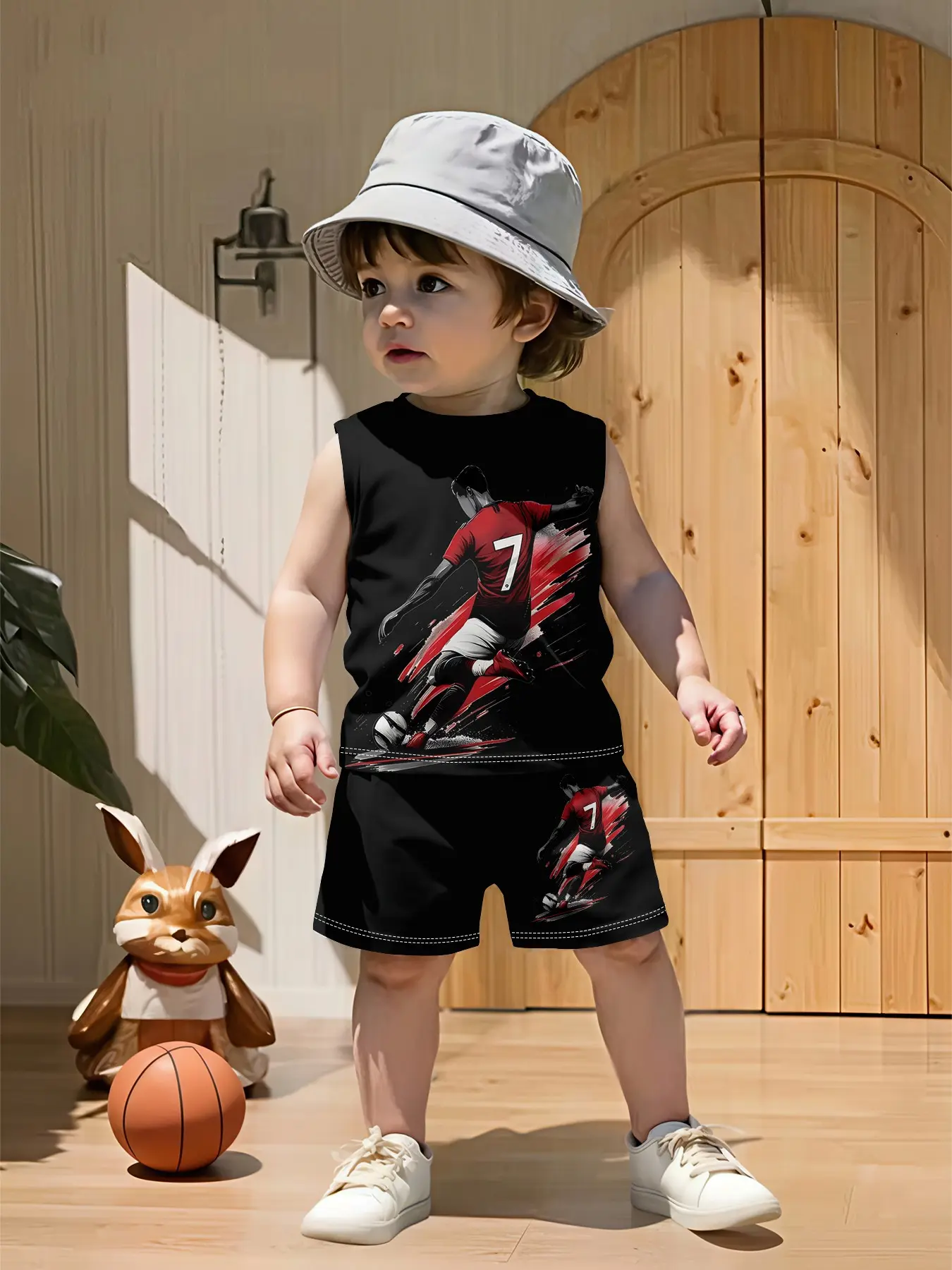 Ink-wash style boys' casual sportswear for infants and toddlers, featuring a football player in number seven printed in red on a black background. These stylish and adorable casual T-shirt sets are suitable for daily wear and outdoor sports, making them t