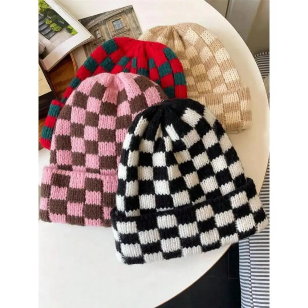 Unisex Checkerboard Knit Beanie Hat, Cozy Double Layer Heat Insulating Skull Cap, One Size Fits All Casual Winter Fall Hat, Matching Fashion Headwear for Couples, Men Women Daily Outdoor Wear
