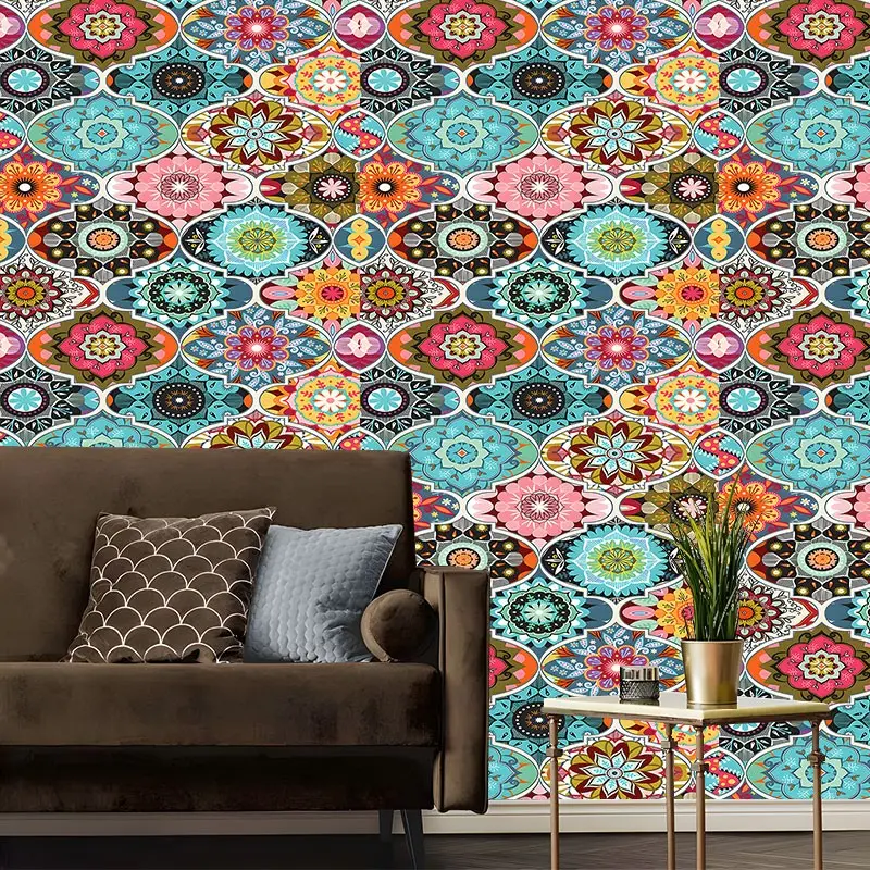 Boho Floral Moroccan Tile Peel and Stick Wallpaper, Removable Self Adhesive Contact Paper, Colorful Geometric Flower Pattern, Vibrant Wall Decor Roll for  Kitchen, Boho Wall Decor Roll, Perfect Gift for Tile Print & Home Decor Enthusiasts