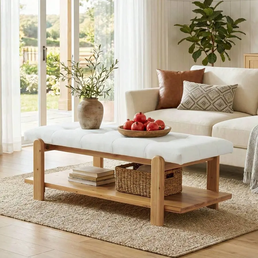 Brown Large Size Ottoman Table with Solid Wood Frame, Rectangular Upholstered Ottoman Coffee Table, Storage Shelves, Footrest for Living Room, Easy Assembly