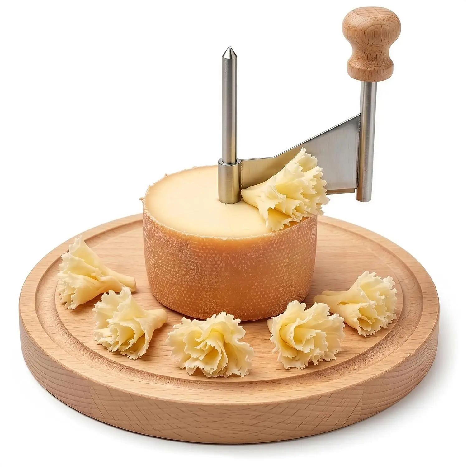 Cheese Curler for Making Rose-Shaped Cuts, Stainless Steel Blade Manual Cheese Shaver, Compatible with 16-18 cm Tête De Moine Cheese Wheel, Non-Slip Wood Base, Fasteners, Rotating Hand-Crank