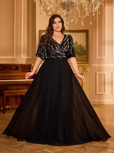 Elegant V-Neck Ruffle Sleeve Party Dress, Chest Pleated Sequin Patchwork Chiffon, Large Skirt Evening Gown, Random Cut Design