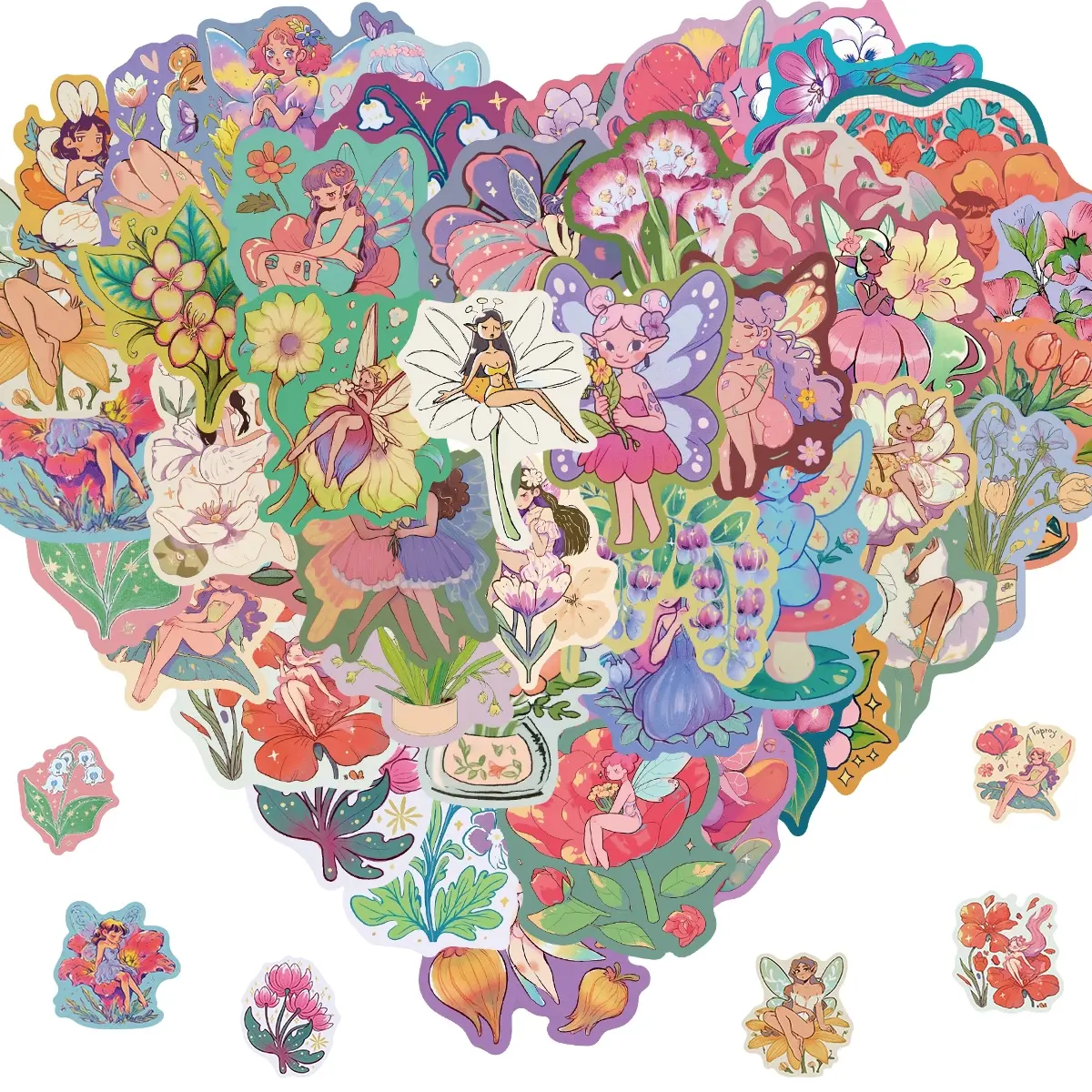 50PCS Flower Fairy Stickers for Kids, Kawaii Aesthetic Butterfly Fairy Girl Stickers, Waterproof Anime Girl Decals for Water Bottles, Laptop, Scrapbooking, Journals
