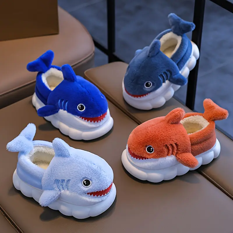 1 Pair Cute Cartoon Shark Plush Slippers for Boys And Girls, Comfortable Home Shoes, Indoor Non-Slip Slippers, Autumn Winter Season