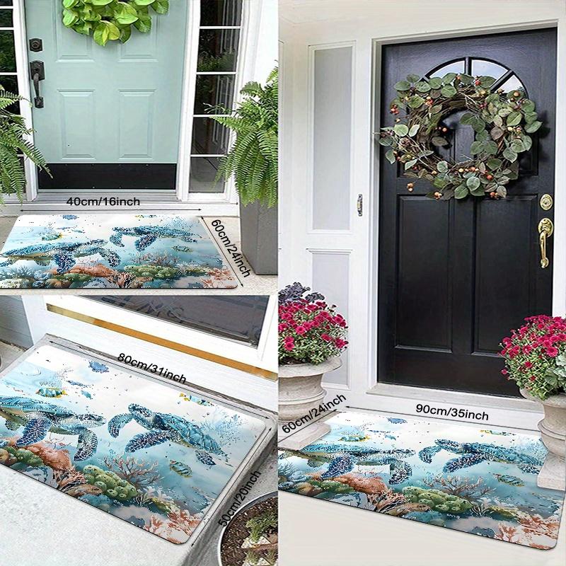 Ocean Theme Welcome Doormat with Sea Turtle & Seagrass Design Non-Slip Polyester Mat for Indoor Outdoor Use Bathroom Kitchen Laundry Room Coastal Home Décor Vibrant Pattern Easy Maintenance Sea Turtle Decor