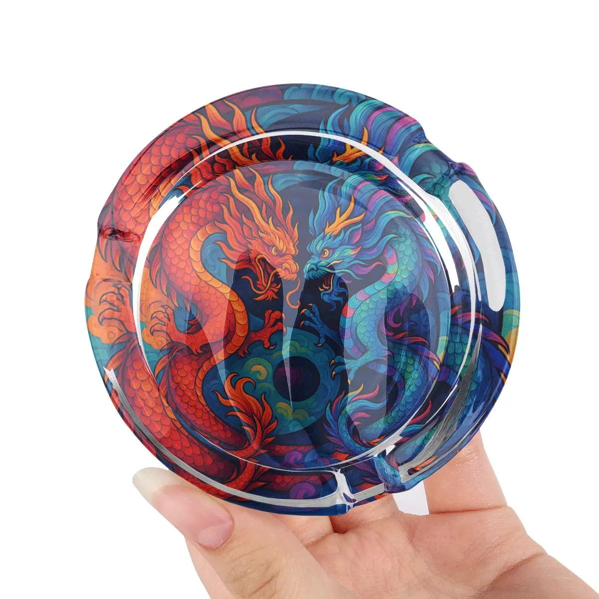 A circular glass ashtray with a non slip base and exquisite double dragon yin-yang art pattern, suitable for homes, offices, and bars - a fashionable and practical ashtray designed specifically for Asian art enthusiasts and decoration enthusiasts