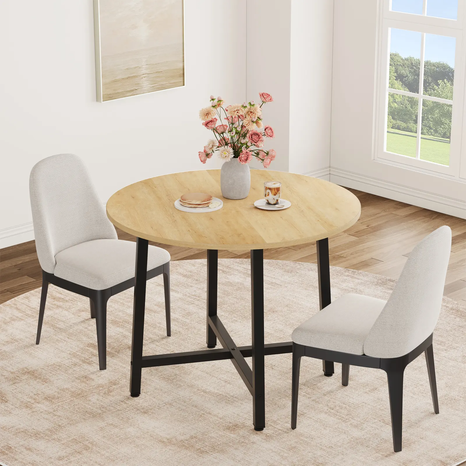 31.5"/47" Round Dining Table for 4, Modern Industrial Kitchen Table with Thick Tabletop & Sturdy Metal Base, Space-Saving Wooden Kitchen and Dining Room Furniture, Table Only