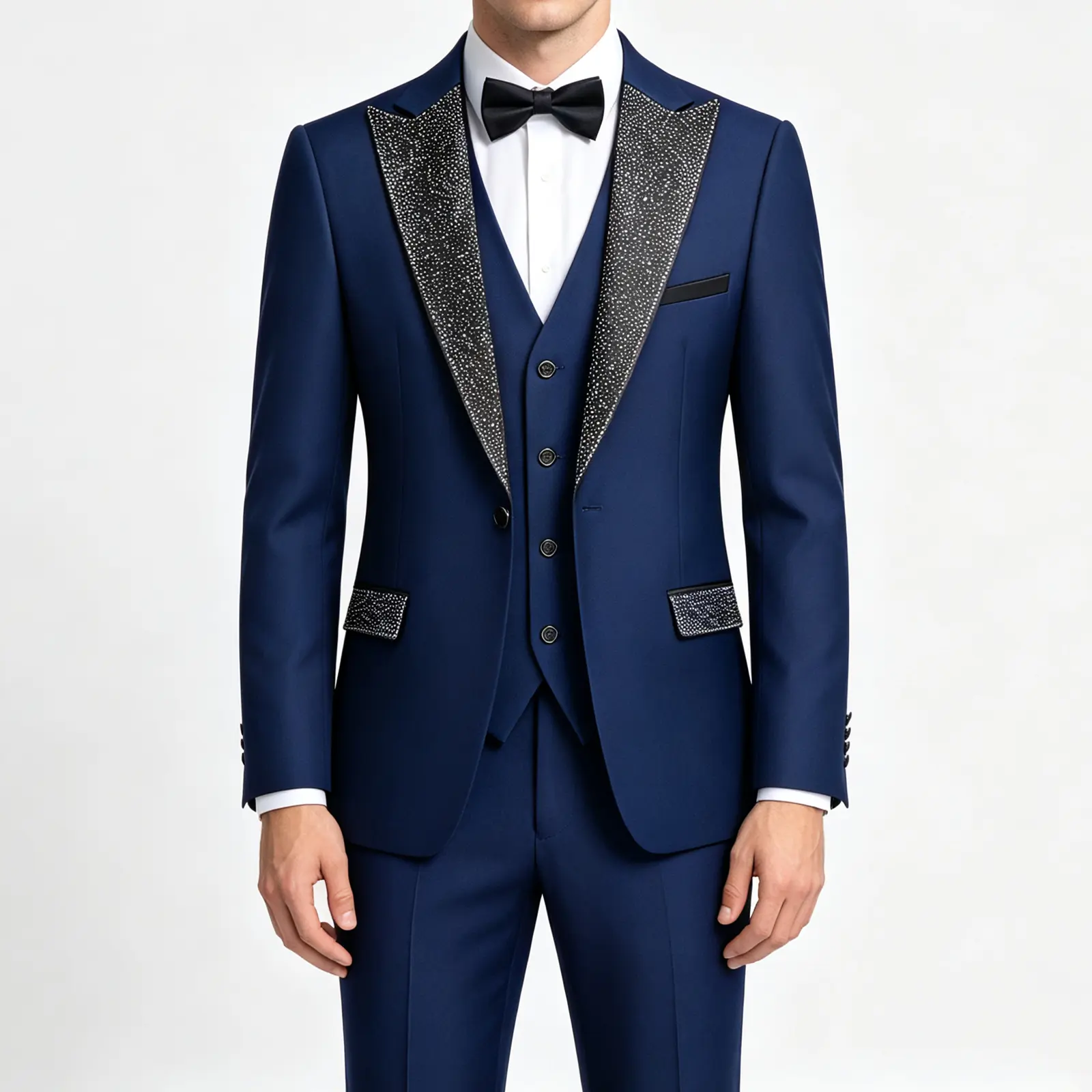 Men's 3-Piece Gingham Blue Tuxedo Suit - Long Sleeve Rhinestone Peak Lapel Jacket, Vest, Pocket Pants with Bow Tie for Wedding, Prom | Menswear
