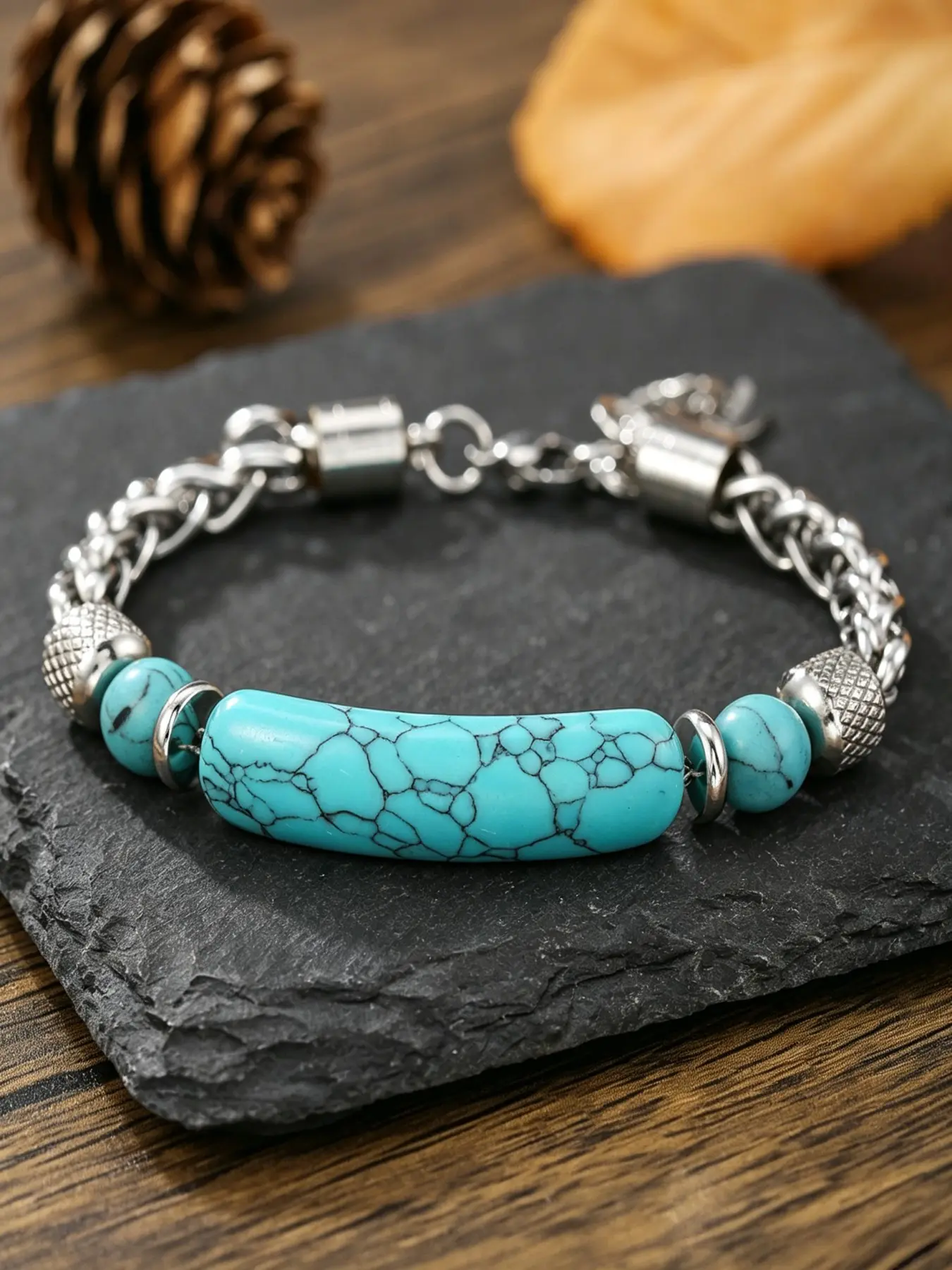 1PC Men Women Retro Turquoise Beaded Stainless Steel Cuban Chain Bracelet, Boho Western Natural Stone Adjustable Wristband Punk Street Couple Matching Jewelry Gift for Him Her