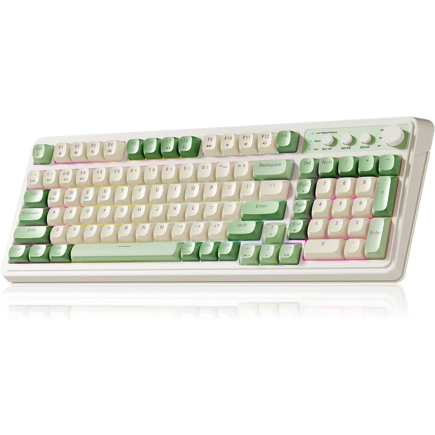 Gaming Keyboard, Wireless Computer Keyboards, Tri-Mode Bluetooth/2.4GHz/USB-C Custom Creamy Keyboard with Number Pad, RGB Backlit Media Knob Cute Programmable Keyboard for PC Gamer - Green