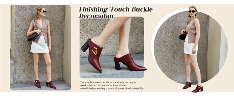 Coutgo Womens Mules Boots Chunky Stacked Heel Pointed Toe Booties Slip On Dress Boot Shoes with Buckle Decoration