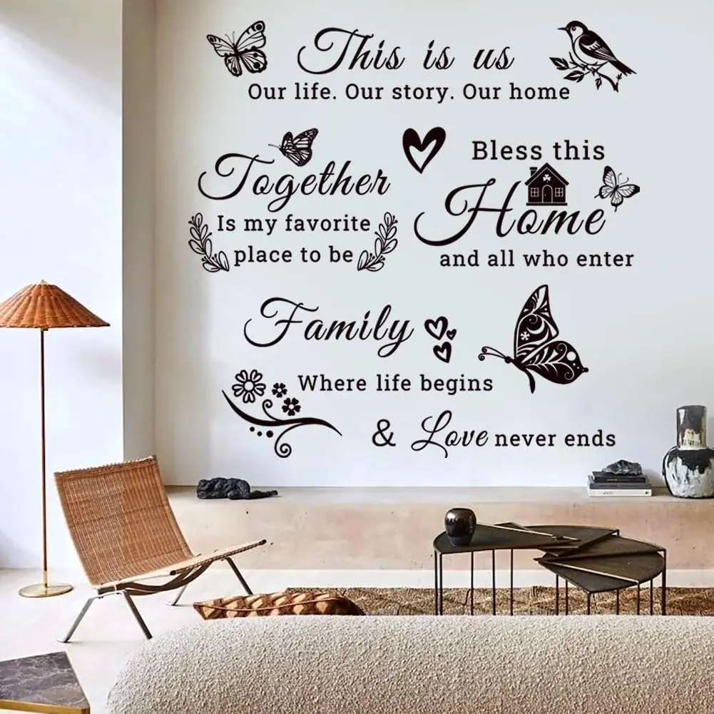 Family Vinyl Wall Decor Stickers This is , Together, , Family Scripture Quote Wall , Butterfly Decal Inspirational Quotes Sticker Set for  Office Decor(Black)