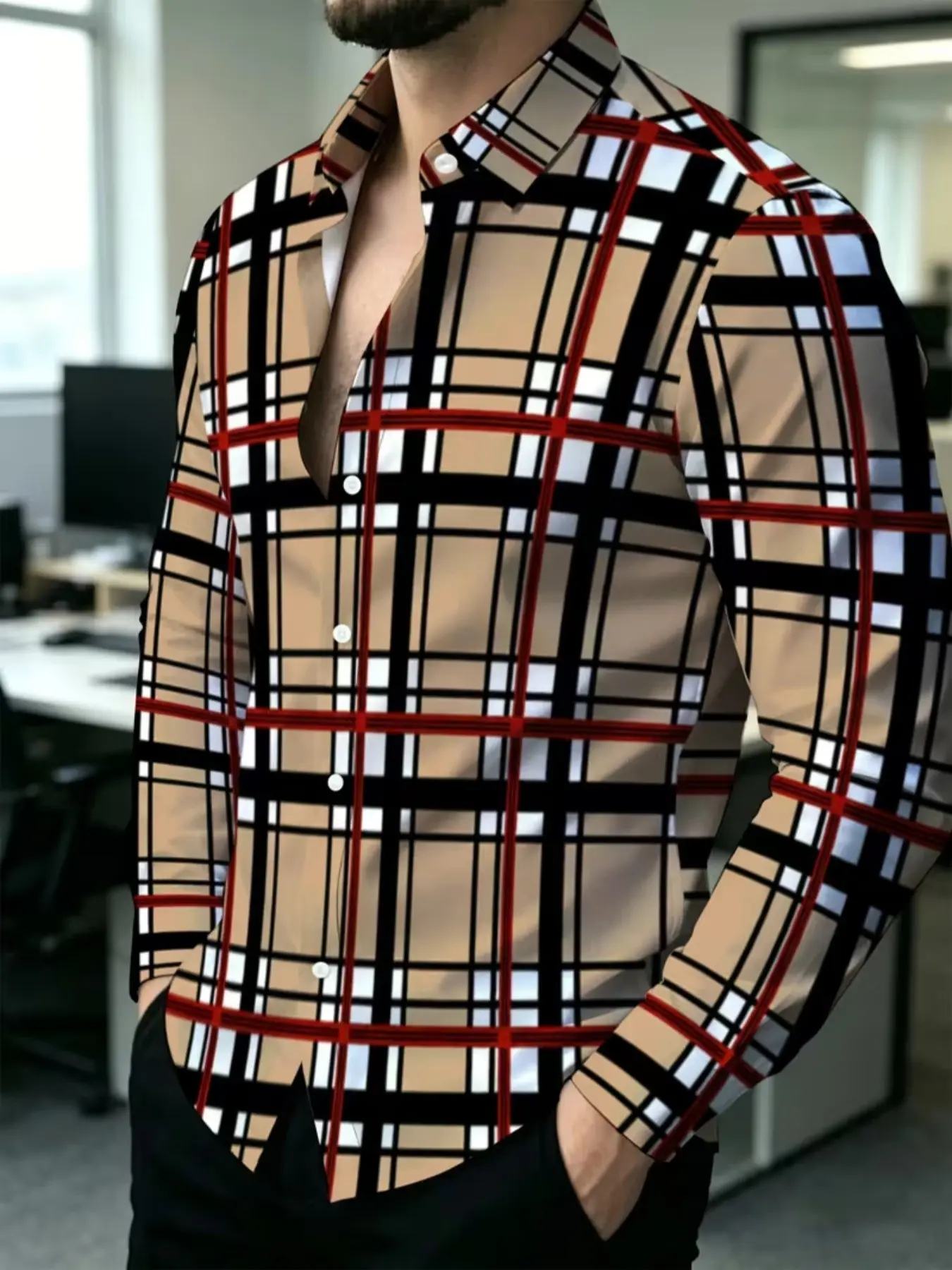 British Style Colorblock Plaid Long Sleeve, Daily Commute Men's Button-Down Shirt, Casual Office Wear, Trendy Fashion Top