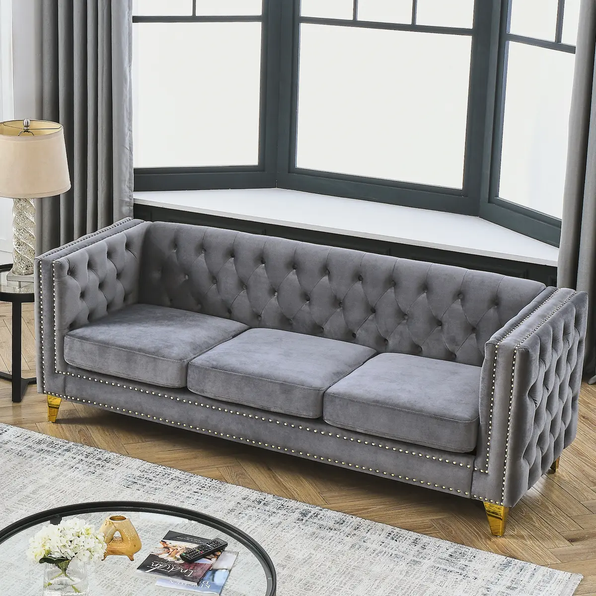 【2 Packages Shipping】80.5" 3-Seater Velvet Chesterfield Sofa, Button Tufted Couch with Nailhead Trim & Gold Metal Legs, Modern Upholstered Sofa for Living Room Bedroom Office