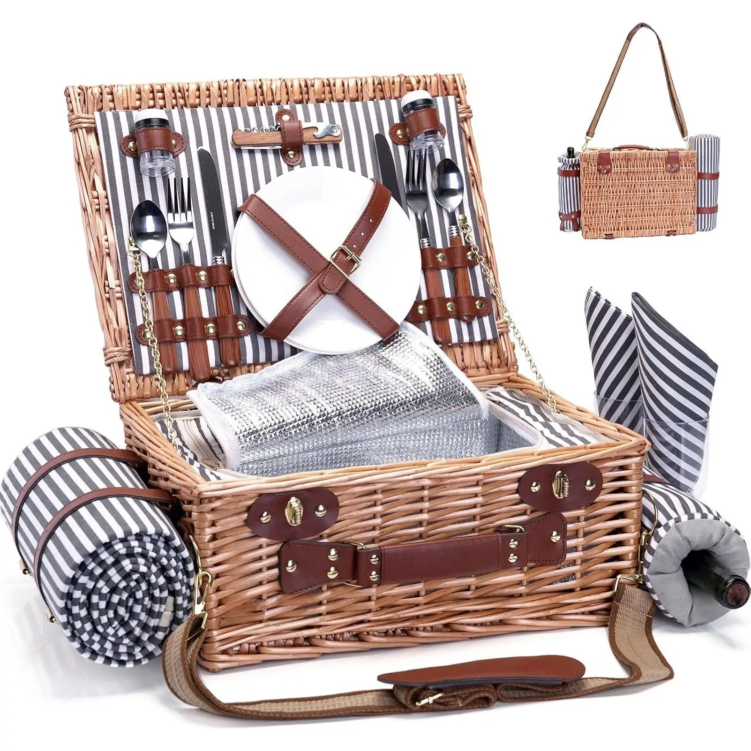Wicker Picnic Basket Set for 2 with Blanket and Wine Pouch, Insulated Liner Cooler Bag Wicker Hamper for Camping Wedding Outdoor, Stripes
