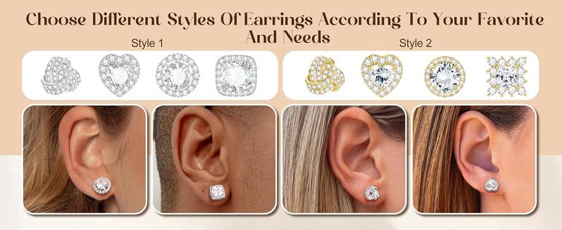 Trendy 4 Pairs Sterling Silver CZ Stud Earrings for Women 14K Gold Plated Brilliant Celtic Heart Big Stud Earrings Set Cubic Zirconia Earrings Studs for Sensitive Ear