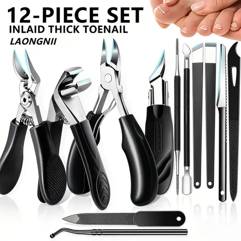 12PCS Heavy Duty Stainless Steel Toenail Clippers Nails Set - Multi-Pack Pedicure & Manicure Kit with Nail Scissors, Cuticle Tools, Cuticle Pusher, Foot Scraper for Seniors