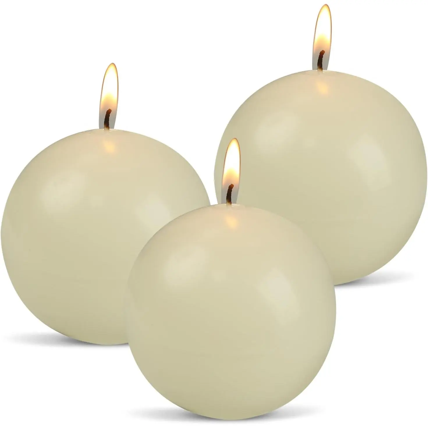 Ball Pillar Candles Set of 3 - 3" Unscented Round Sphere Candles, Hand-Poured for Weddings,  Decor & Centerpieces, 40-Hour Dripless