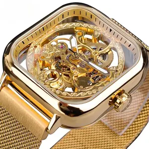 Men Mechanical Watches Automatic Self-Wind Golden Transparent Fashion Mesh Steel Wristwatch Skeleton Man Male Hot Hour