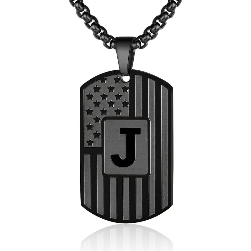 Stainless Steel American Flag Dog Tag Pendant Necklace for Male Wear, A-Z Letters Personalized Patriotic Jewelry, 22+2 In Long Chain Stainless Steel Jewelry, Chain Jewelry Necklaces