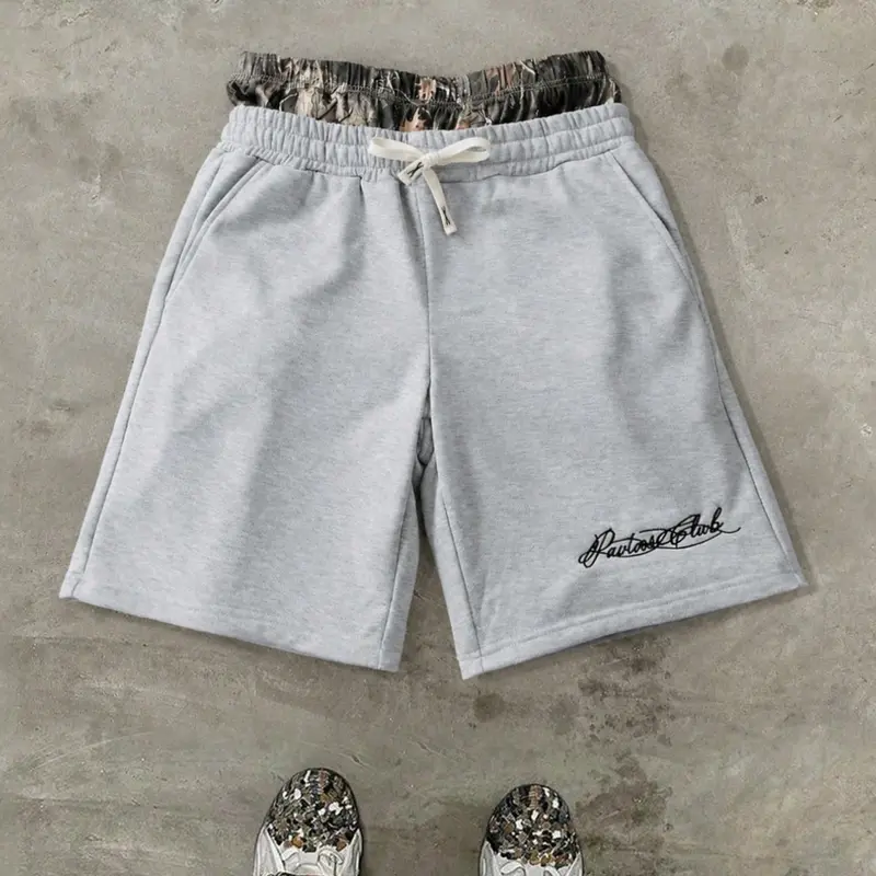 Men's High-Street Hip-Hop Camouflage Athletic Shorts, Camo Patchwork Graphic Elastic Waist Shorts with Signature Embroidery, Stretch Sweat Shorts with Pockets, Mock Two-Piece Dual Waistband Design, Ideal for Campus, Commute and Gym