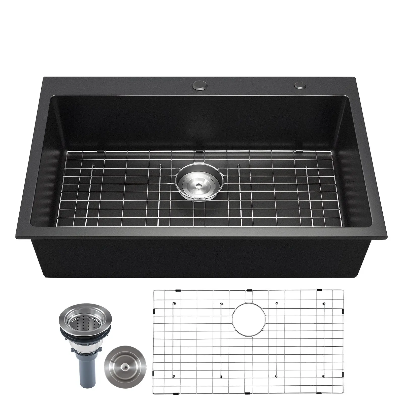 33 inch Kitchen Sink Workstation, Top Mount Granite Sinks, Drop-In Single Bowl Farmhouse Basin with Multiple Accessories, Household Dishwasher Sinks for RV, Prep Kitchen, and Bar (Black)
