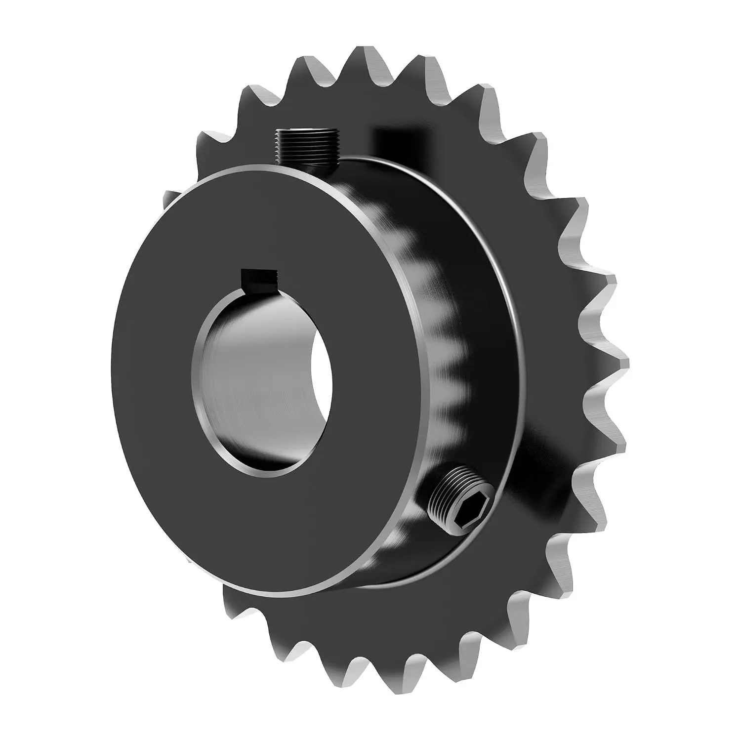 25 Tooth Roller Chain Sprocket, 25 Chain, 1/2" Bore, Kw | B Type Hardened Teeth, Sigle Strand, 1/4" Pitch, Black Oxide 1045 Carbon Steel with Fasten Screws for 04C Chain