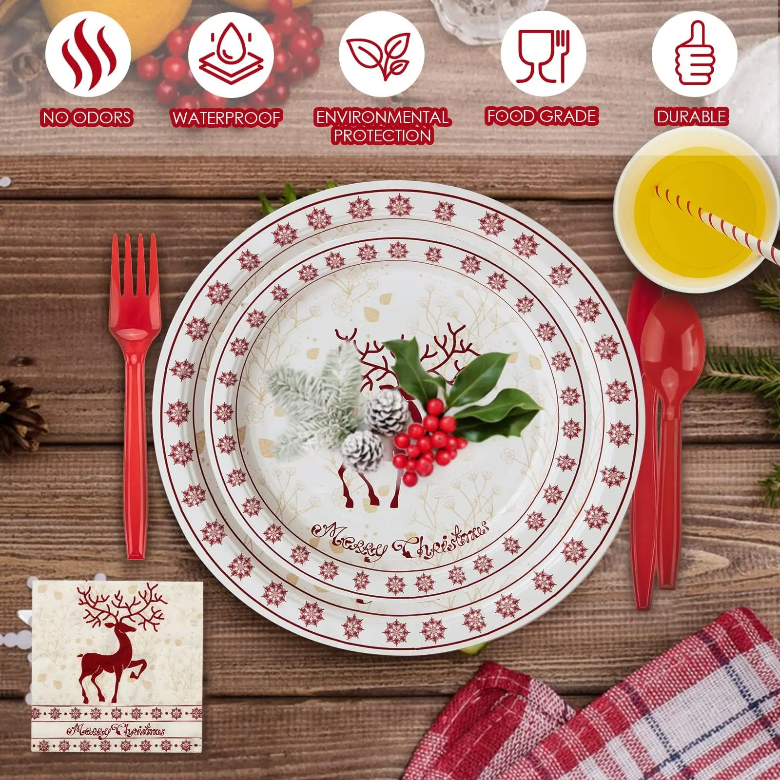 Garvee 215PCS Disposable Party Tableware Set – Plates, Cups, Napkins, Cutlery, Straws for 25 Guests – Perfect for Halloween, Christmas, Valentine's Day & Holidays