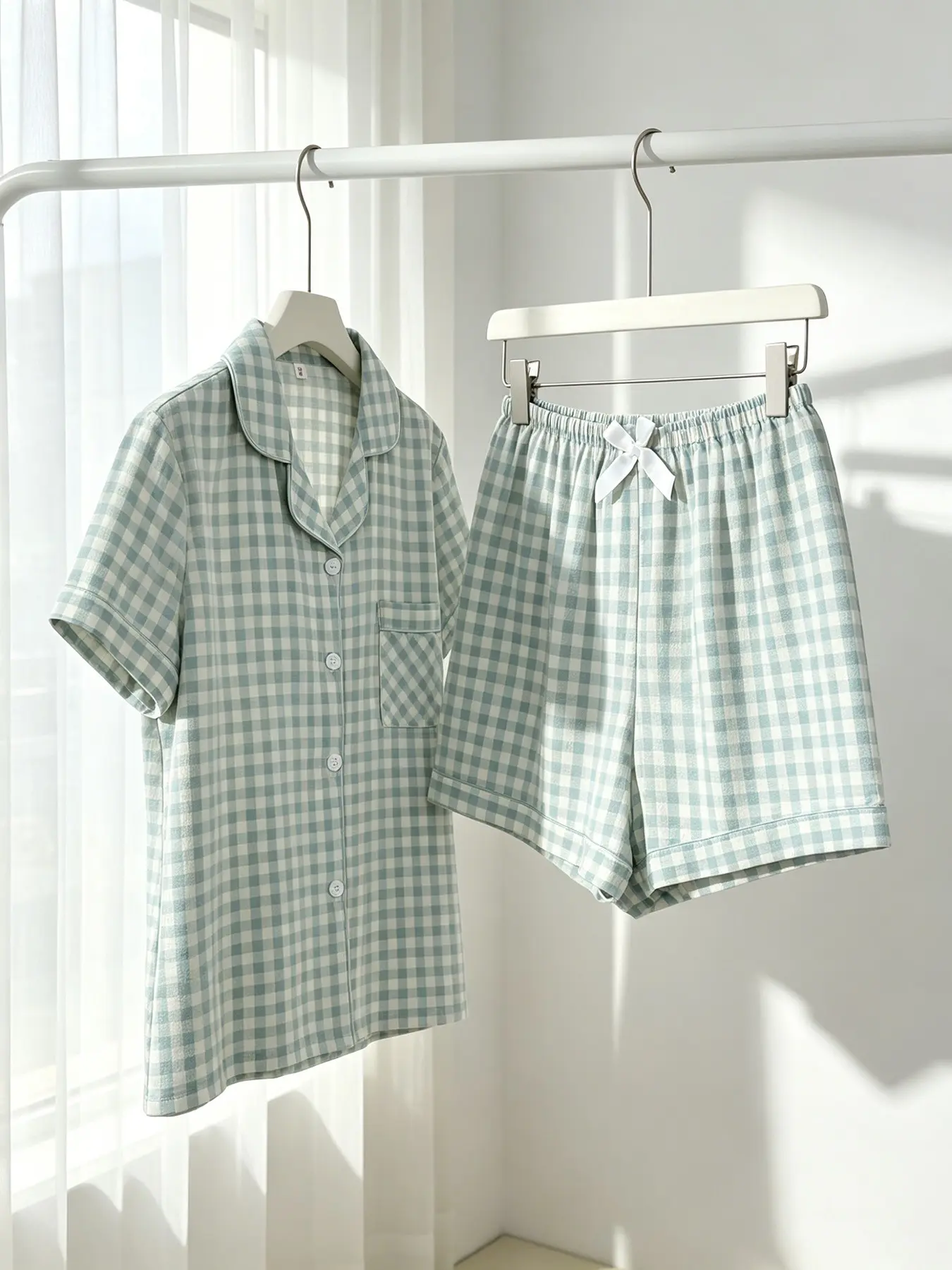 Women's Button-Down Short Sleeve Top & Shorts Pajama Set, INS Style Green White Gingham Plaid, Classic Collar, Spring Summer Wear, Breathable, Aesthetic Loungewear for Photos