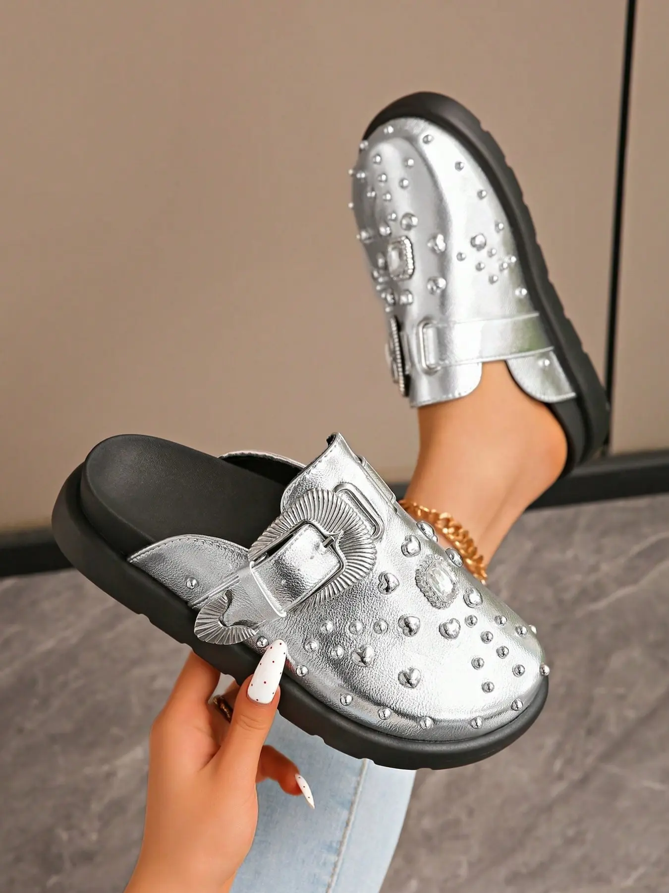 Trendy Ladies Metallic Silver Color PU Rhinestone Mules, Chunky Platform Sole, Decorative Buckle, All-Season Daily Wear Shoes