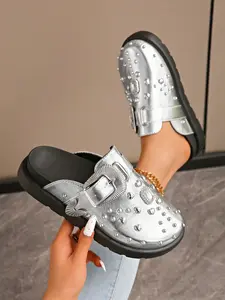 Trendy Ladies Metallic Silver Color Rhinestone Mules, Chunky Platform Sole, Decorative Buckle, All-Season Daily Wear Shoes