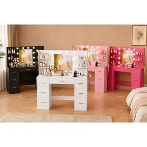 7 Drawer Makeup Vanity Desk with LED Lighted Mirror & Power Outlet, 6 Storage Shelves Dressing Table for Bedroom Dressing Room