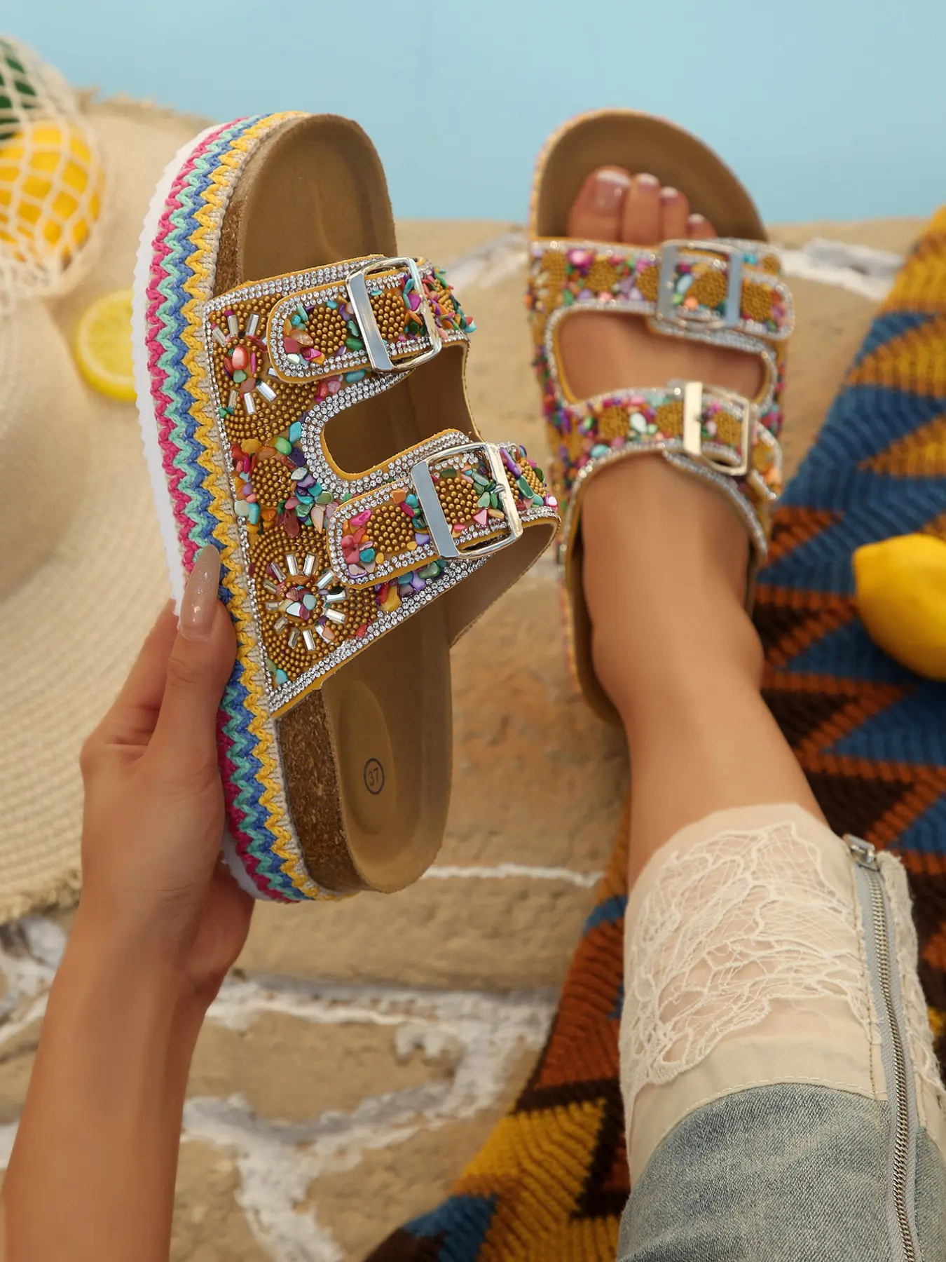 2026 Summer New Bohemian Ethnic Style Double Buckle Rhinestone Bead Thick Sole Slippers, Women's Outdoor Soft Wood Sandals