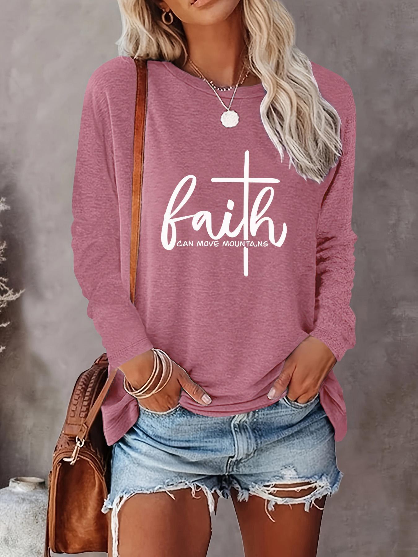 Women's Letter Print Round Neck Tee, Casual Long Sleeve T-shirt, Women's Spring & Fall Top for Daily Wear