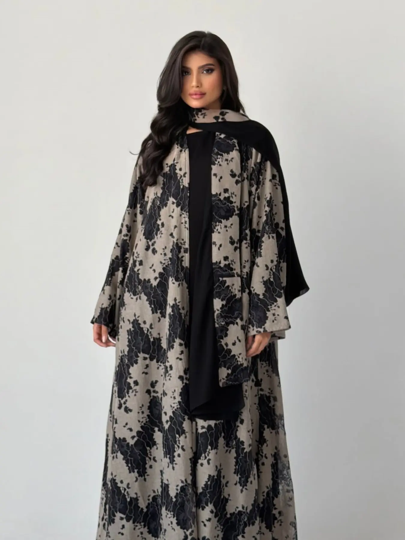 New Muslim Women's Watercolor Lace Full Print Cardigan Set, Textured Fabric Middle Eastern Style Long Outer Robe Abaya with Headscarf