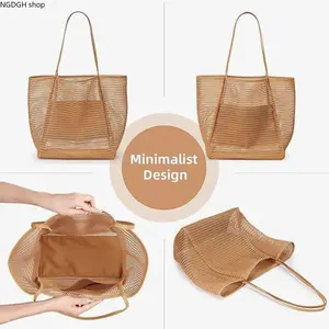 Large Hollow Mesh Beach Tote Bag with Zipper Inner Pocket & Sandproof Bottom, Breathable Open Weave Fabric, Perfect for Seaside Vacations, Pool Days & Grocery Fruit Shopping Outdoor Carry