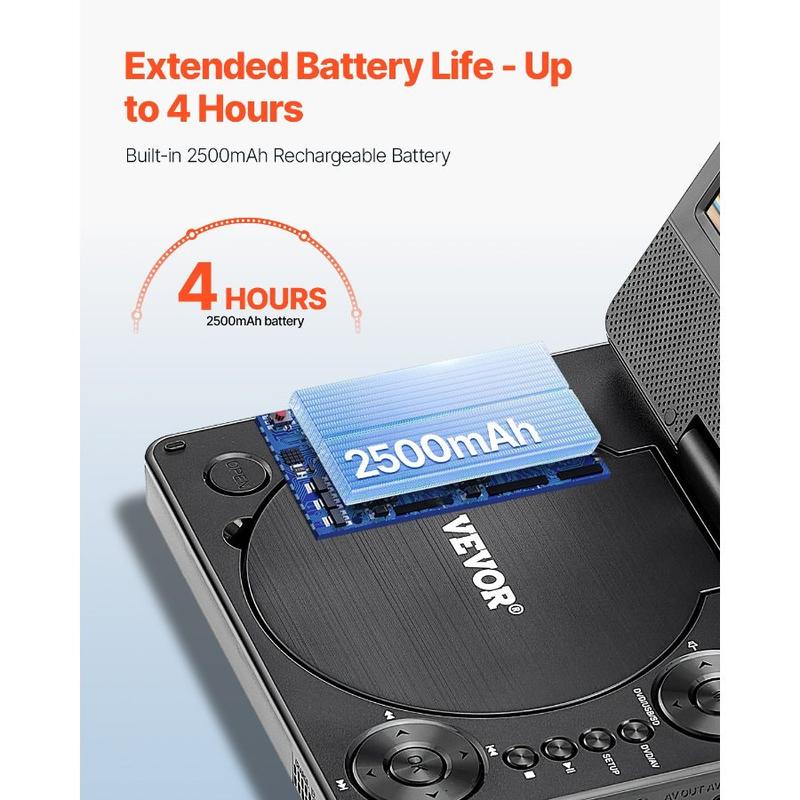 VEVOR Portable DVD Player, 9 inch HD Swivel Display Screen, 4 Hours Built - in Rechargeable Battery, Dual Speakers, Support Sync TV/USB/SD Card/CD/DVD, Car Charger, AC Power Adapter, Remote Control