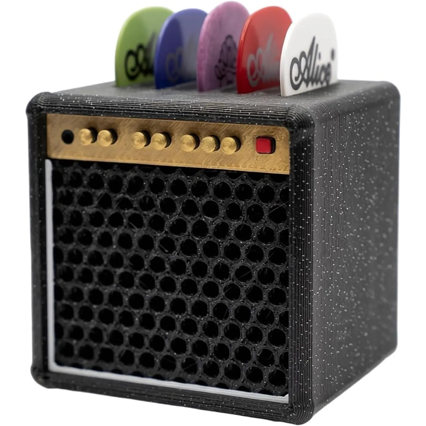 Amp Style Guitar Pick Holder Box with 5 Picks for Guitar, Bass, Ukulele