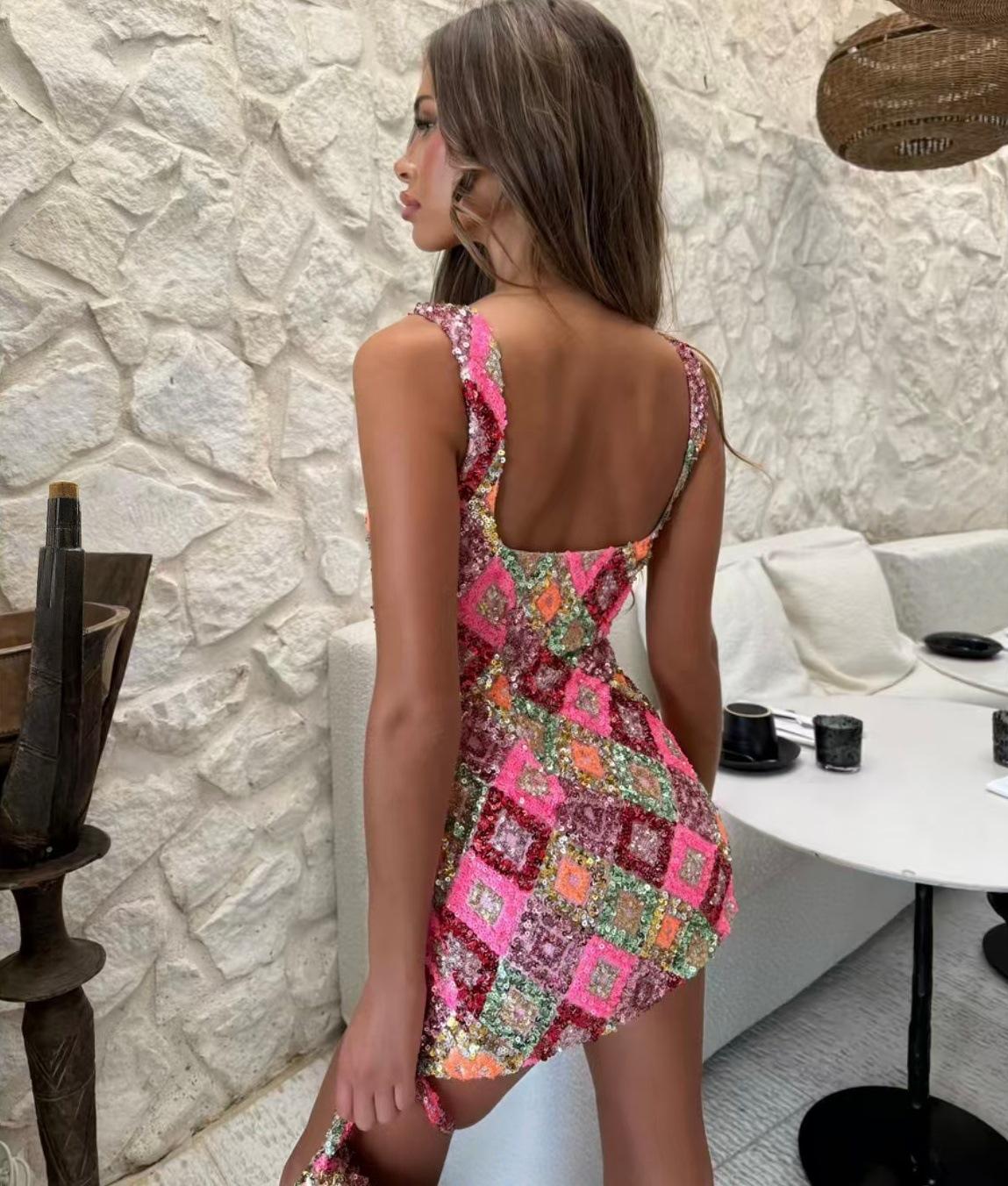 European and American Spring/Summer Fashion New Cross-Border Colorful Diamond Pattern Sequin Slit Bodycon Sexy Dress Wholesale