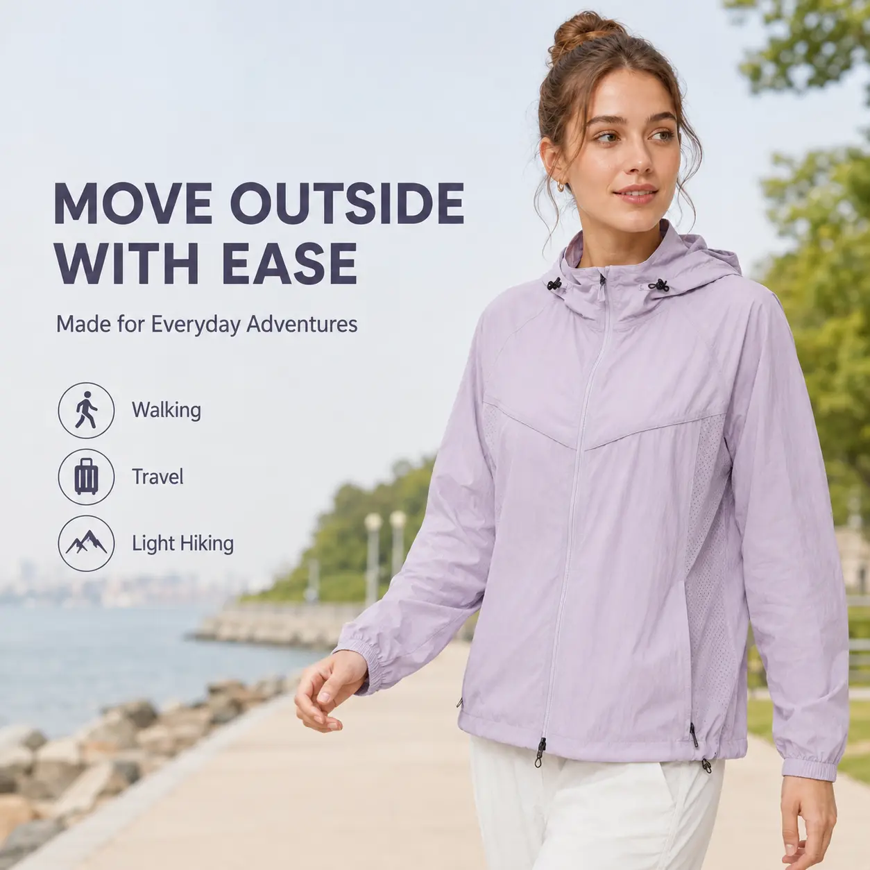Unisex Everyday Nylon Fabric Full-Zip Hood Sun Protection Jacket - UPF100+ Lightweight Regular Length UV Windbreaker with Breathable Side Panels, Zip Pockets, Elastic Cuffs, Adjustable Hem for Hiking/Cycling, Commuting
