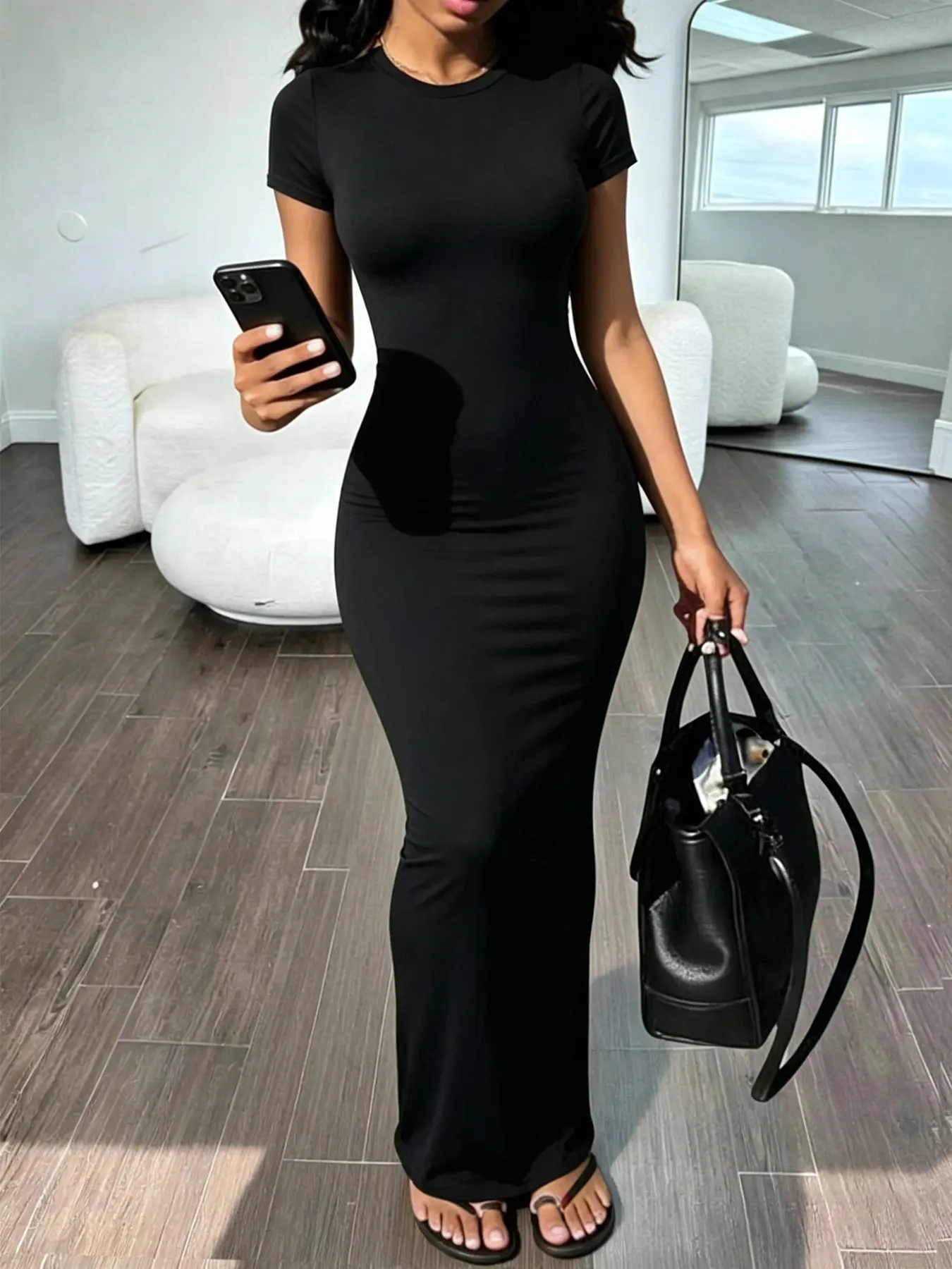Women's Fashionable Round Neck Short-Sleeved Slim-Fitting Bodycon Long Dress, Pure Black Stretchy Bodycon Long Dress, Suitable for Everyday Street Casual Outings, Streetwear