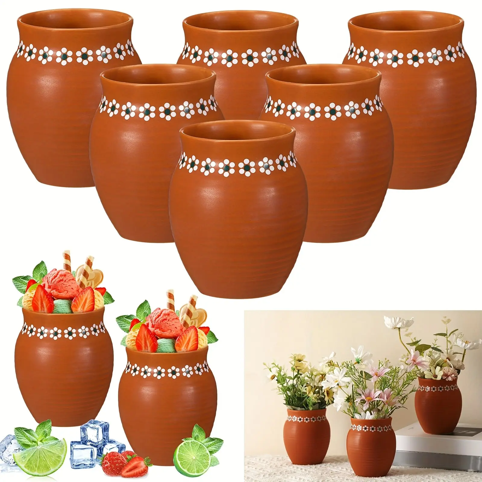 6pcs 16oz Cantaritos De Barro Mexicanos Terracotta Vases Sets Mexican Ceramic Vases with Flower Print Clay Margarita Glasses for Mexican Wedding Table Decorations Fiesta Centerpieces, Party Centerpieces, Fiesta Decor, Handmade Look, Rustic Vases