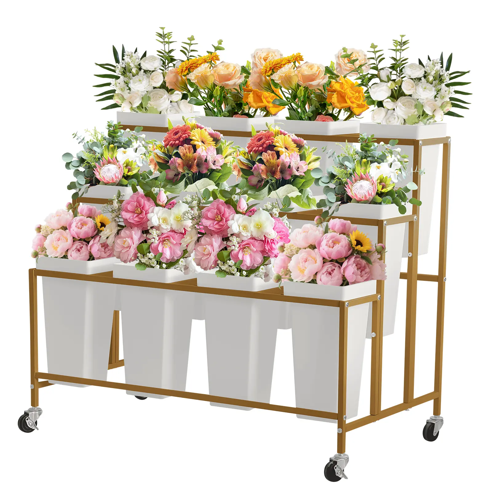 3-Tier Flower Bar Stand, Heavy Duty Flower Display Stand with 12 Buckets & Swivel Wheels, Movable Bouquet Holder for Indoor Outdoor Patio Garden Weddings Florist Living Room