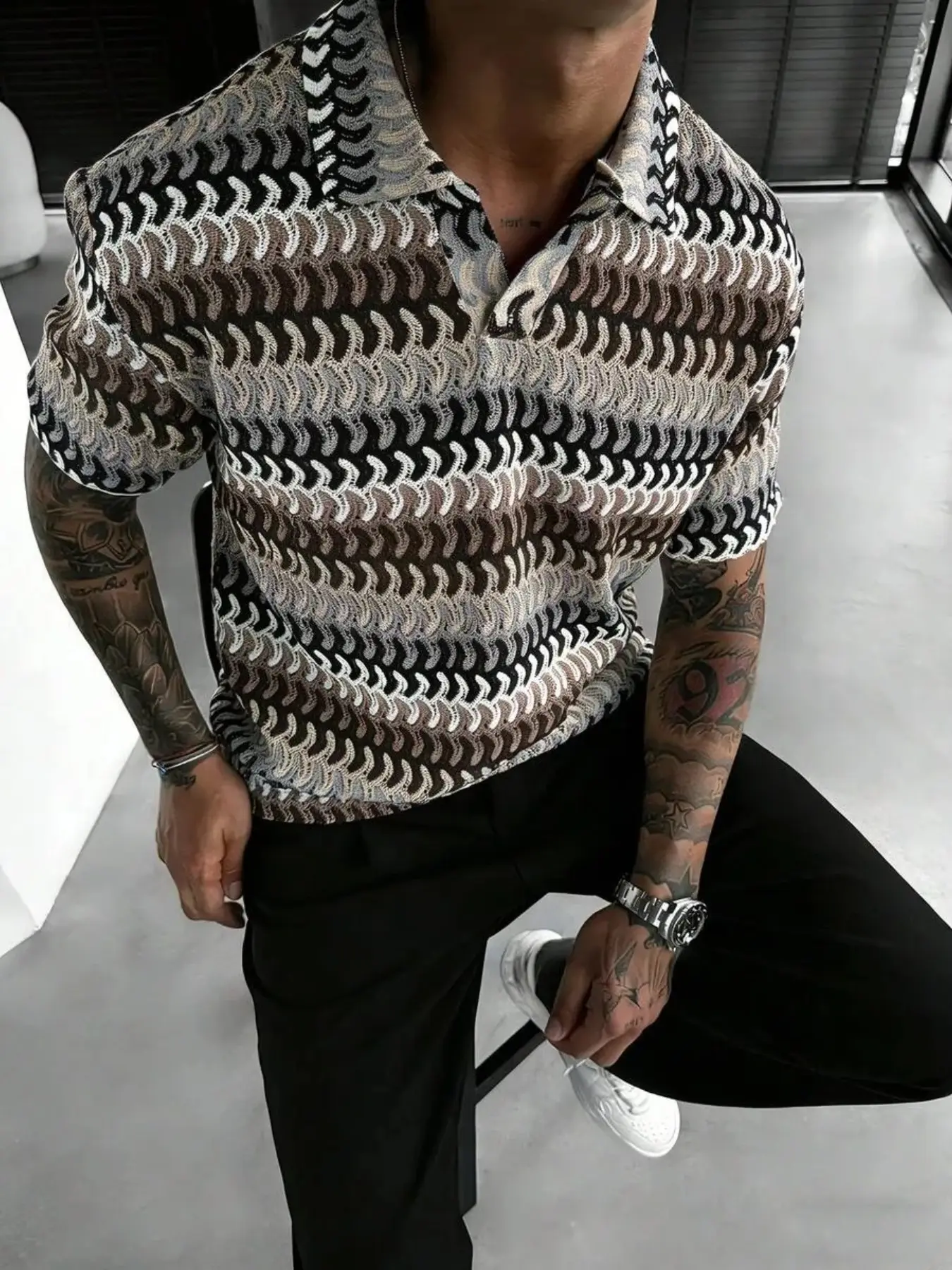 Men's Textured Striped V-Neck Polo Shirt, Menswear Loose-Fitting Boho Casual Style, All Seasons Wear, High-Quality Plain Surface Design
