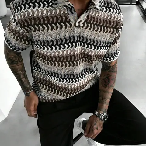 Men's Textured Striped V-Neck Polo Shirt, Loose-Fitting Boho Style, All-Season Casual Wear, High-Quality, Casual Polo Shirts